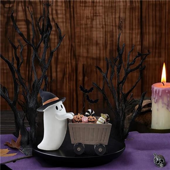 Spooky Resin Ghost Figurines with Candy Cart for Halloween Tabletop Mantel - Picture 4 of 7